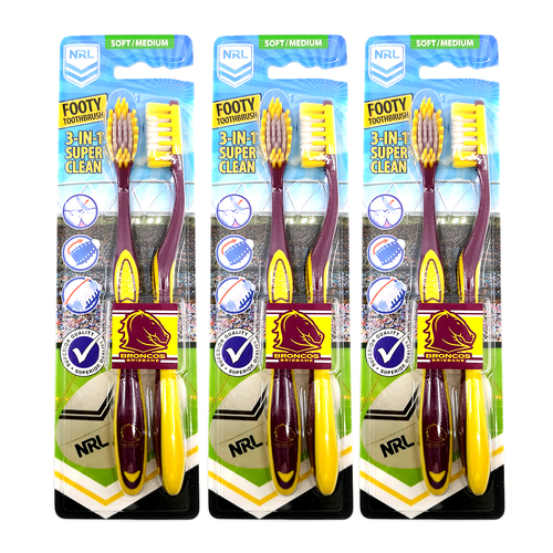 3x 2pc NRL Brisbane Broncos Soft/Medium Toothbrush Kids/Adults Oral Care 6y+