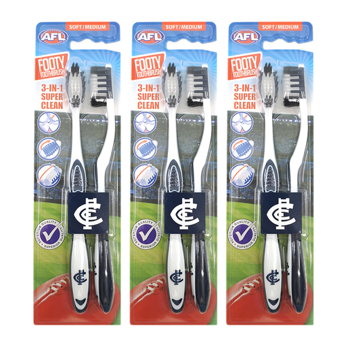 3x 2pc AFL Soft/Medium Toothbrush Oral Care Carlton Blues Kids/Adults 6y+