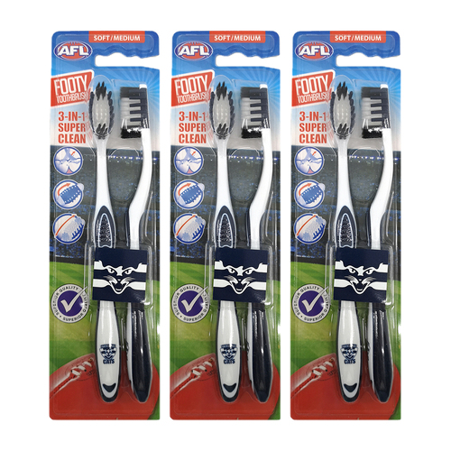 3x 2pc AFL Soft/Medium Toothbrush Oral Care Geelong Cats Kids/Adults 6y+