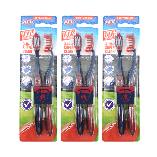 3x 2pc AFL Soft/Medium Toothbrush Oral Care Melbourne Demons Kids/Adults 6y+