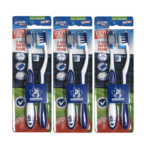 3x 2pc AFL Soft/Medium Toothbrush Oral Care North Melbourne Kangaroos Kids/Adults 6y+