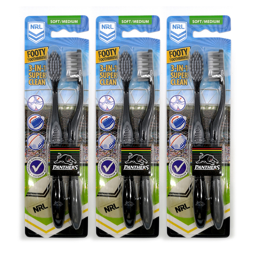 3x 2pc NRL Penrith Panthers Soft/Medium Toothbrush Kids/Adults Oral Care 6y+