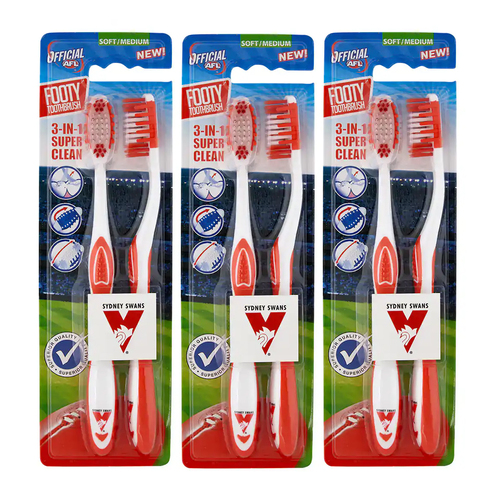 3x 2pc AFL Soft/Medium Toothbrush Oral Care Sydney Swans Kids/Adults 6y+