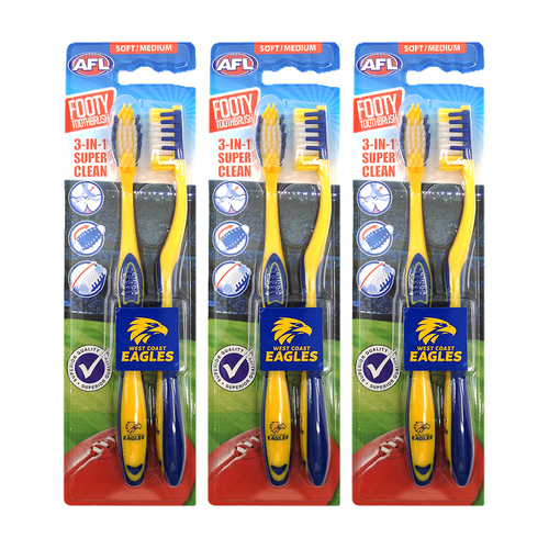 3x 2pc AFL Soft/Medium Toothbrush Oral Care West Coast Eagles Kids/Adults 6y+