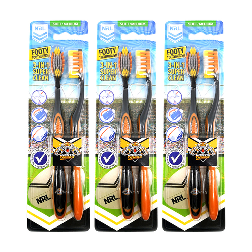 3x 2pc NRL West Tigers Soft/Medium Toothbrush Kids/Adults Oral Care 6y+