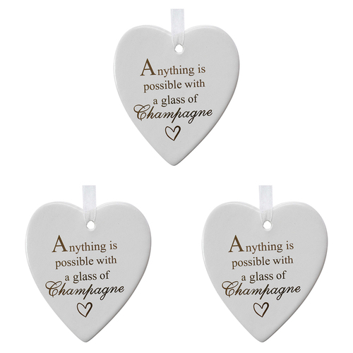 3PK LVD Ceramic Hanging 8x9cm Heart Champagne Poss w/ Hanger Ornament Decor