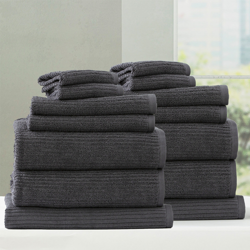 14pc Renee Taylor Cobblestone 650GSM Cotton Ribbed Towel Granite