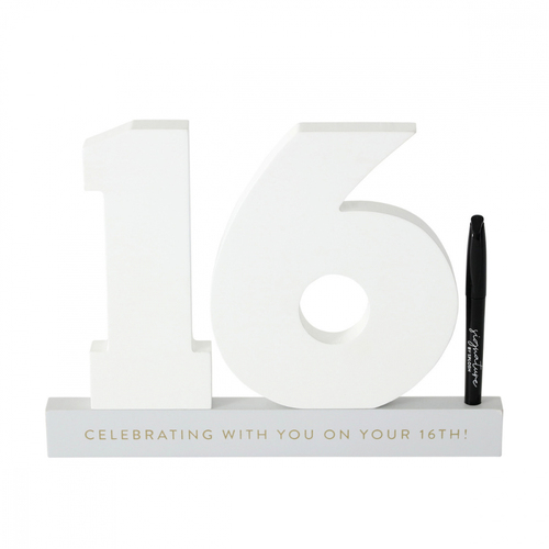 Splosh 16th Birthday Wooden Signature Number w/ Marker 29x21cm - White