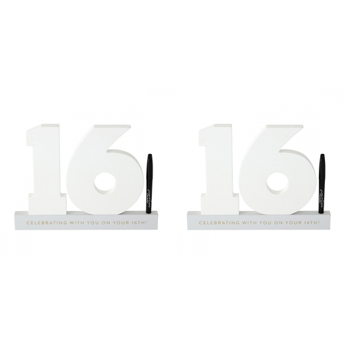 2PK Splosh 16th Birthday Wooden Signature Number w/ Marker 29x21cm - White