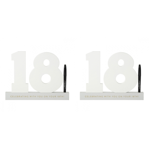 2PK Splosh 18th Birthday Wooden Signature Number w/ Marker 29x21cm - White