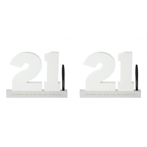 2PK Splosh 21st Birthday Wooden Signature Number w/ Marker 29x21cm - White