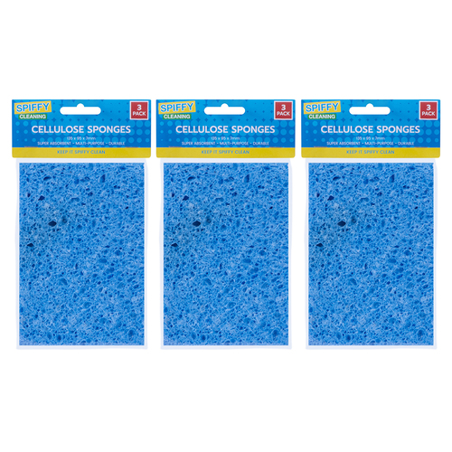 3x 3pk Spiffy Cleaning 13.5x9.5cm Cellulose Sponges Home/Kitchen - Blue