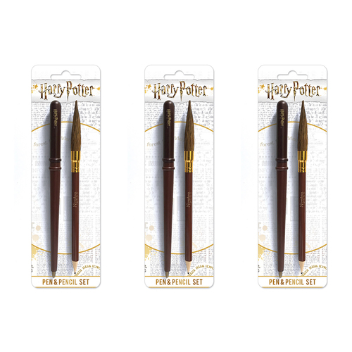 3PK x 2pc Wizarding World Harry Potter Wand And Brush Themed Novelty Pen Set