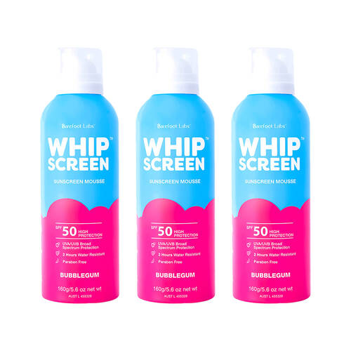 3PK Barefoot Labs WhipScreen SPF50 Sunscreen Mousse Sun Protection Bubblegum