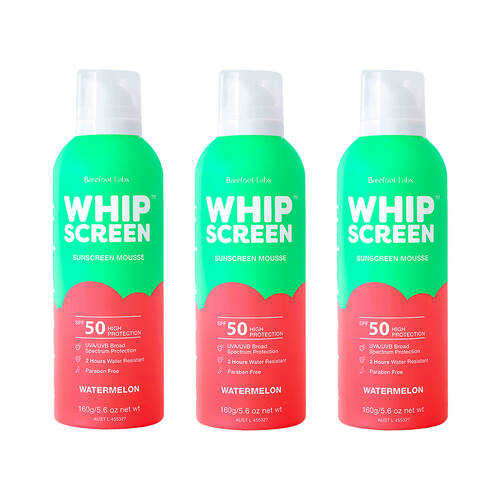 3PK Barefoot Labs WhipScreen SPF50 Sunscreen Mousse Sun Protection Watermelon