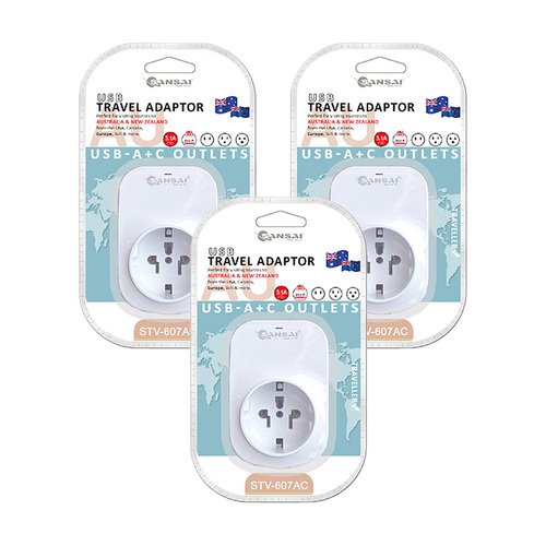 3PK Sansai Worldwide Travel Adaptor USB-C+A USA/Canada/Europe to AU/NZ Plug