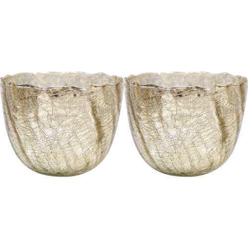 2PK LVD Glass Crackled Nougat Votive Candle Holder Gold Large