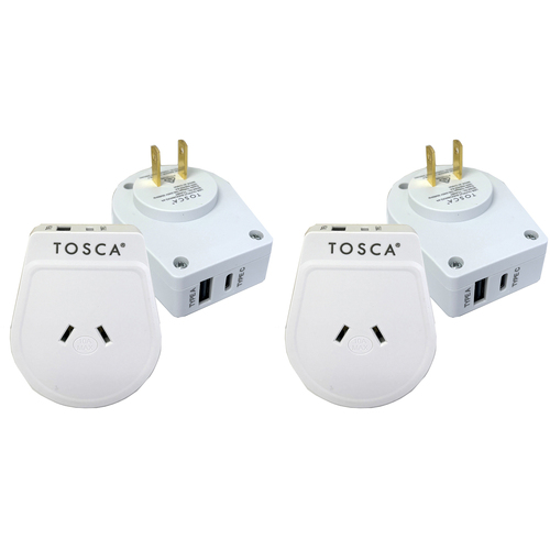 2PK Tosca Japan OB Portable Travel Adapter USB A&C - White