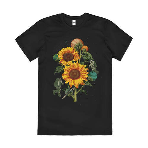 Sun Flowers Artsy Planets Astronaut Cotton T-Shirt Black Size 2XL