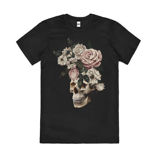 After the Funeral Death Skull Flowers Cotton T-Shirt Black Size 2XL