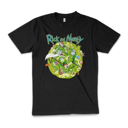 Rick And Morty Portal Collage Cartoon Cotton T-Shirt Black Size 2XL