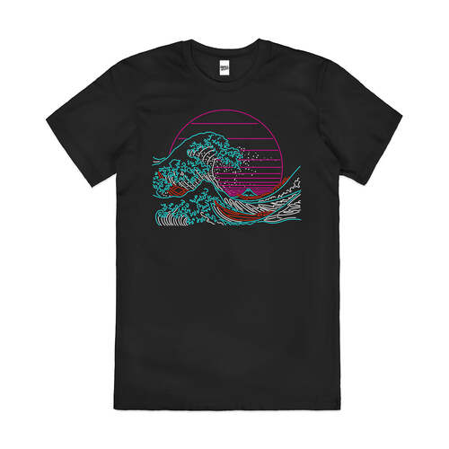 Great Neon Wave Of Kanagawa Artsy Japan Cotton T-Shirt Black Size 2XL