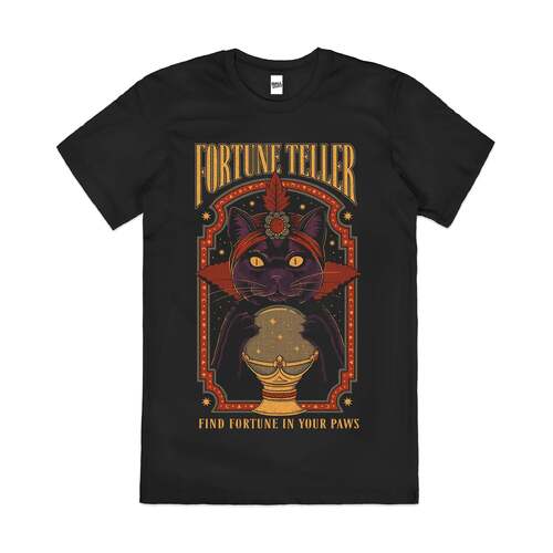 Fortune Teller Funny Cat Clairvoyant Cotton T-Shirt Black Size 2XL