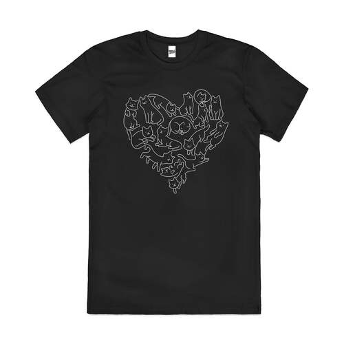 Wool Heart Cat Kittens Lover Artsy Cotton T-Shirt Black Size 2XL