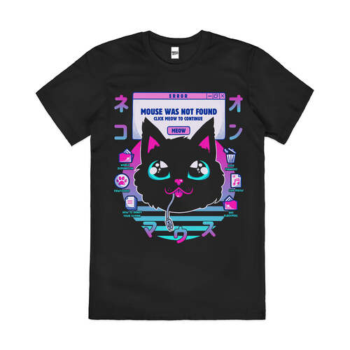 Vapour Wave Cat Mouse Not Found Slogan Cotton T-Shirt Black Size 2XL