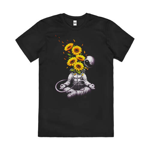 Meditation Astronaut Sunflower Space Cotton T-Shirt Black Size 2XL