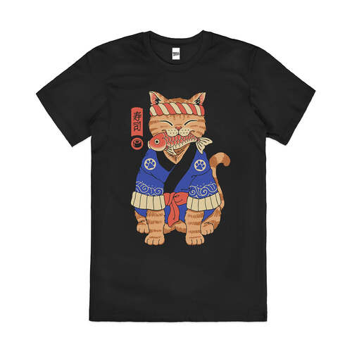 Sushi Meowster Japanese Cat Cute Animal Cotton T-Shirt Black Size 2XL