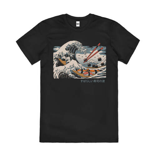 The Great Wave Of Kanagawa Sushi Wave Cotton T-Shirt Black Size 2XL