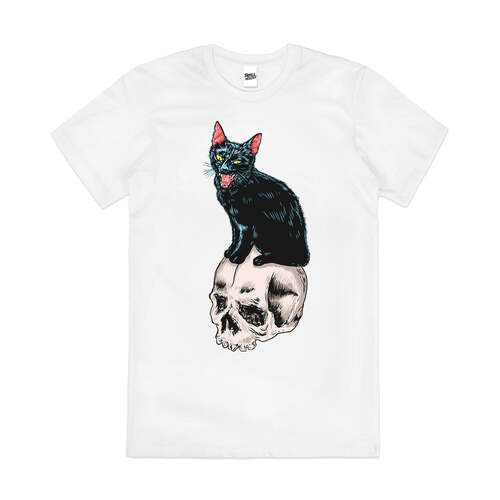 Nevermeow Skull Black Cat Kitten Artsy Cotton T-Shirt White Size 2XL