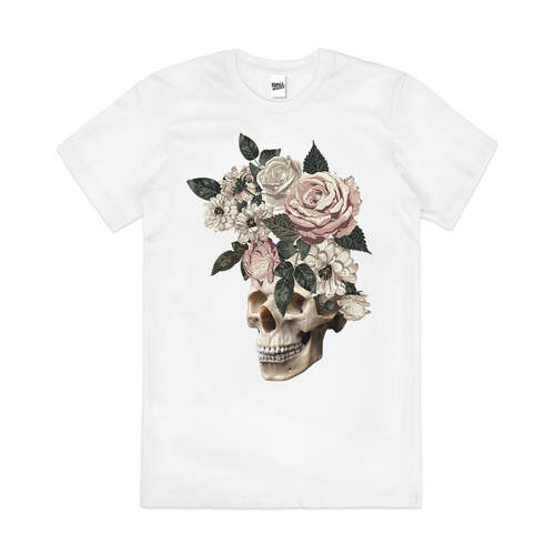 After the Funeral Skull Flowers Artsy Cotton T-Shirt White Size 2XL