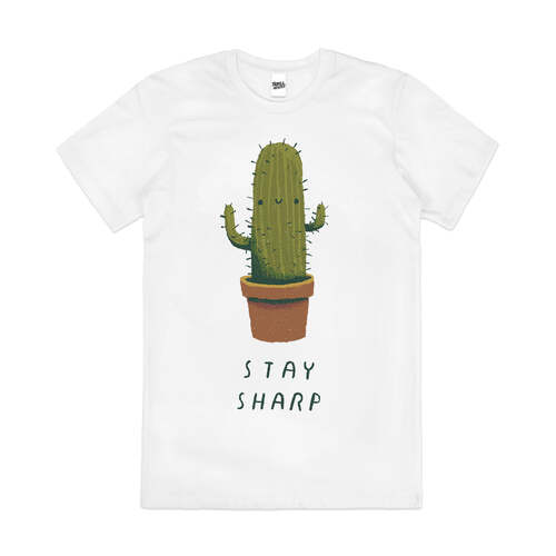 Stay Sharp Funny Cactus Plant Succulent Cotton T-Shirt White Size 2XL