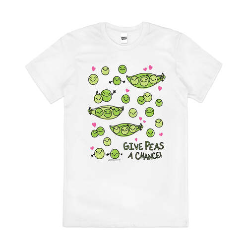 Give Peas a Chance Funny Pun Cartoon Cotton T-Shirt White Size 2XL