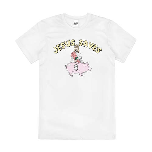 Jesus Saves Money Funny Religion Parody Cotton T-Shirt White Size 2XL