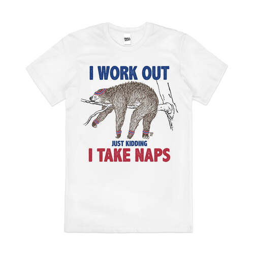 I Work Out Sloth Funny Hangover Slogan Cotton T-Shirt White Size 2XL