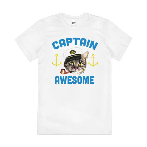 Captain Awesome Funny Cat Kitty Cute Cotton T-Shirt White Size 2XL