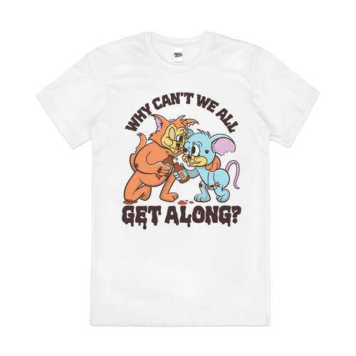 Why Cant We All Get Along Mouse Slogan Cotton T-shirt White Size 2XL