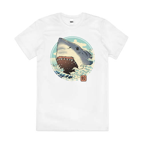 Shark Attack Great White Wave Kanagawa Cotton T-Shirt White Size 2XL