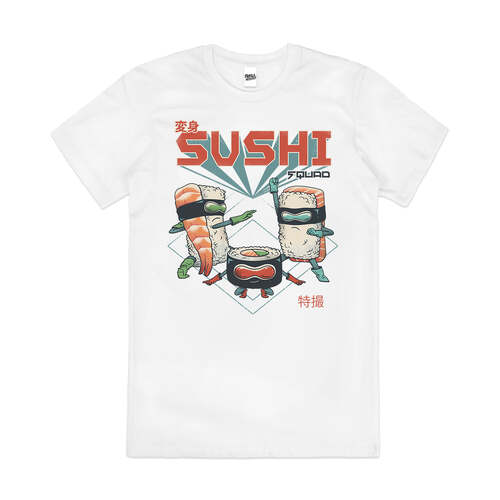 Sushi Squad Ninja Samurai Food Funny Cotton T-Shirt White Size 2XL