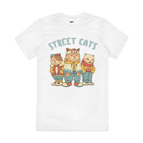 Street Cats Japanese Animal Cute Artsy Cotton T-Shirt White Size 2XL