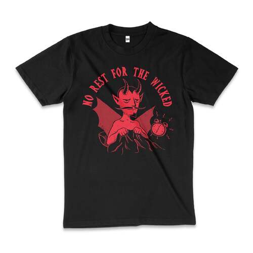 No Rest For the Wicked Devil Slogan Cotton T-Shirt Black Size 3XL