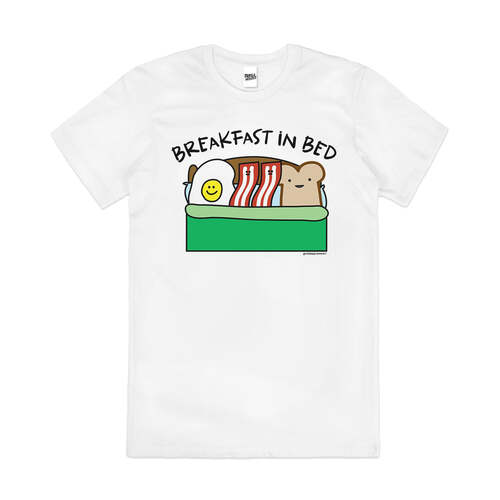 Breakfast in Bed Bacon Eggs Funny Pun Cotton T-Shirt White Size 3XL