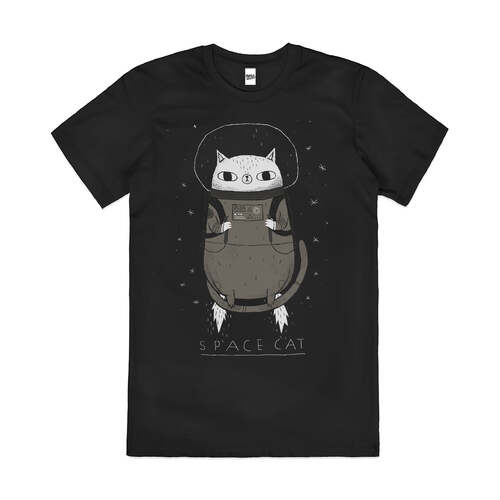 Space Cat Astronaut Planet Stars Kitten Cotton T-Shirt Black Size 4XL