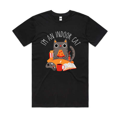 Indoor Cat Funny Pet Reading Book Slogan Cotton T-Shirt Black Size L