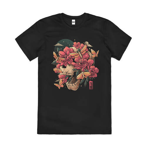 Blossom in Grave Skull Flowers Artistic Cotton T-Shirt Black Size L