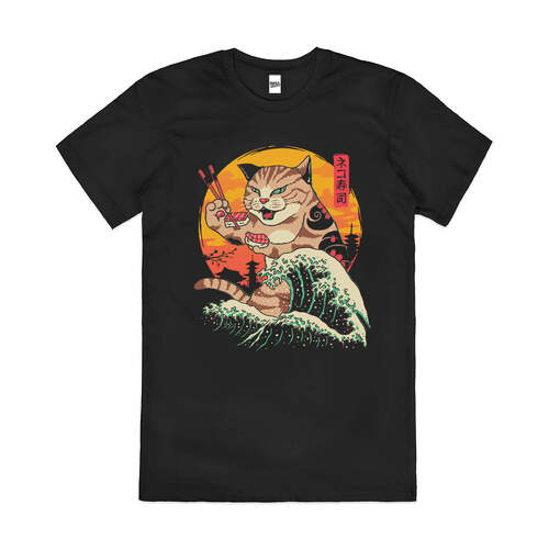 Neko Sushi Wave Great Wave Kanagawa Cat Cotton T-Shirt Black Size L