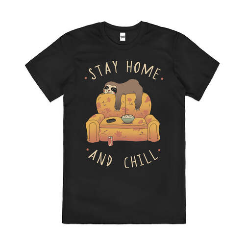 Stay at Home and Chill Lazy Sloth Slogan Cotton T-Shirt Black Size L